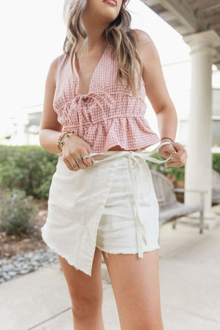 White Tie Detail Raw Hem Mini Skort | Select Trends Boutique