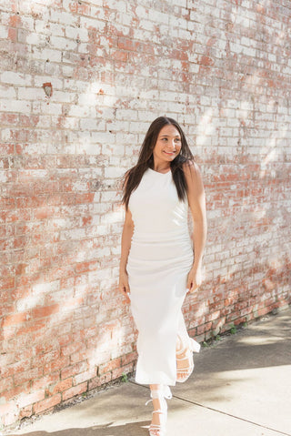 White Twist Shoulder Midi Dress