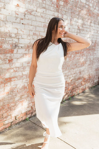 White Twist Shoulder Midi Dress
