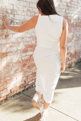 White Twist Shoulder Midi Dress