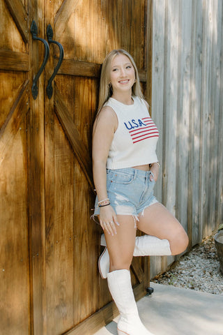 White USA Knit Cropped Tank Top