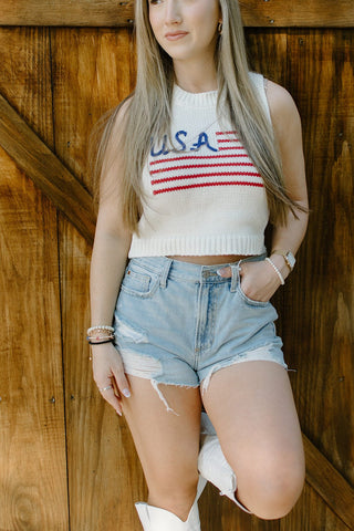 White USA Knit Cropped Tank Top