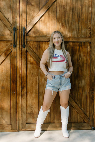 White USA Knit Cropped Tank Top