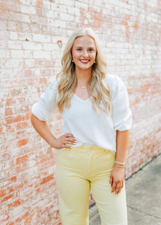 White V - Neck Balloon Sleeve Blouse | Select Trends Boutique