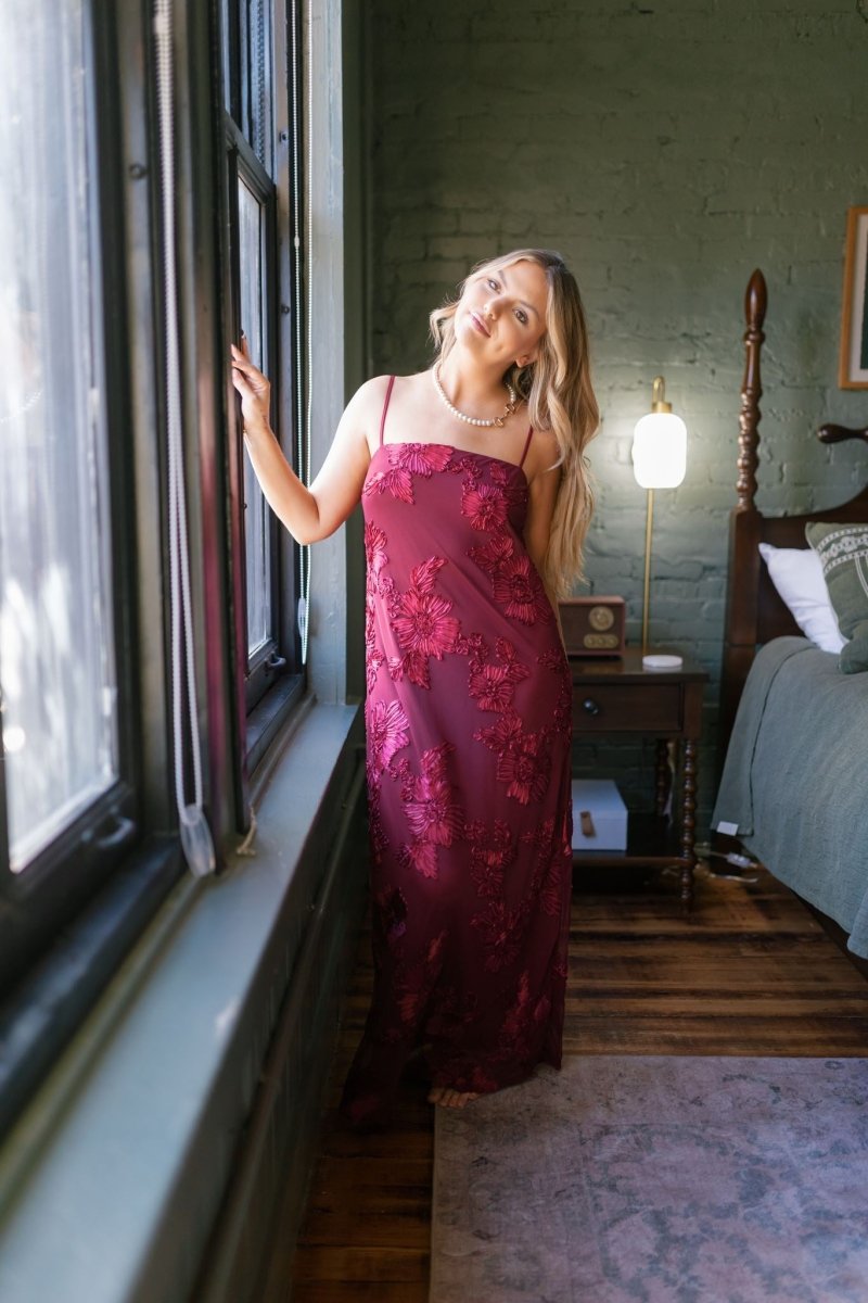 Wine Floral Applique Maxi Dress
