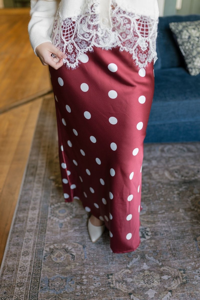 Wine Satin Polka Dot Maxi Skirt
