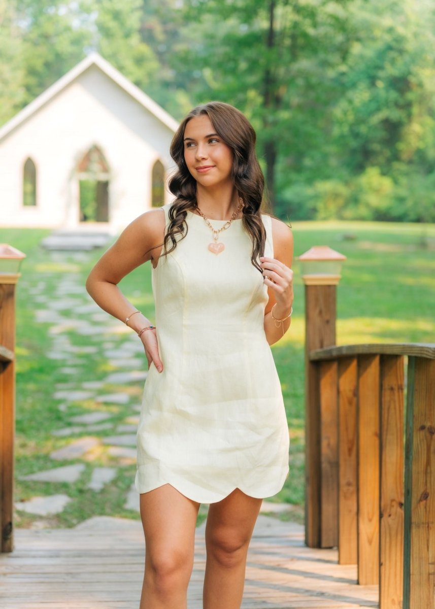 Yellow Linen Scallop Hem Mini Dress