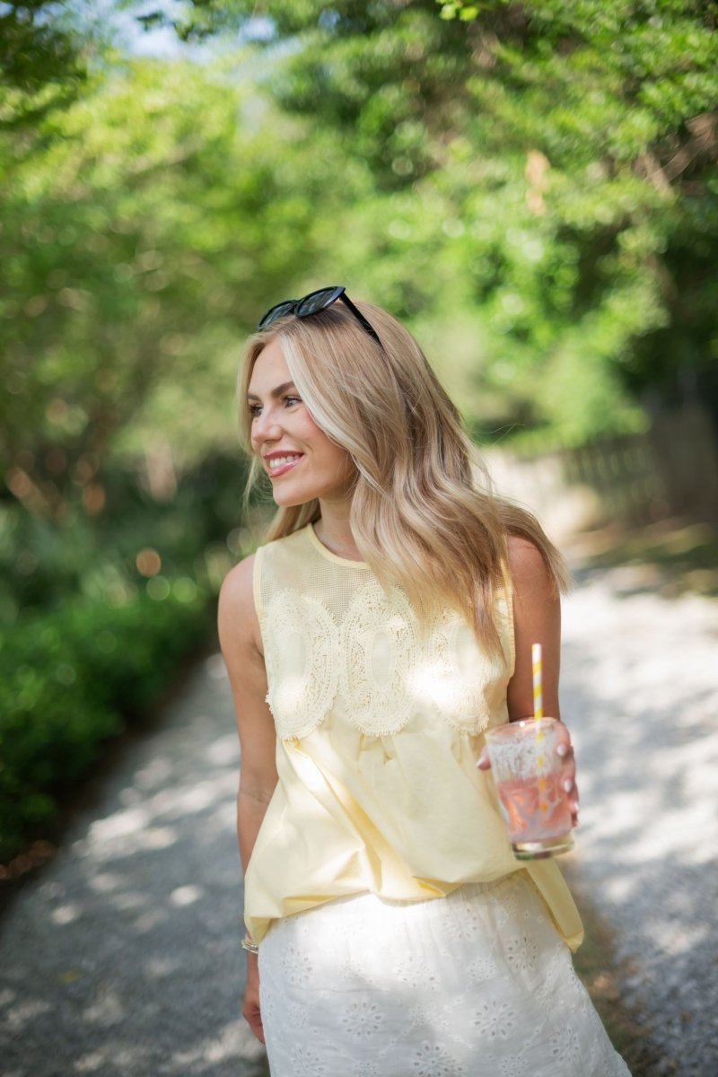 Yellow Mesh Lace Trim Sleeveless Blouse