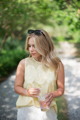Yellow Mesh Lace Trim Sleeveless Blouse | Select Trends Boutique
