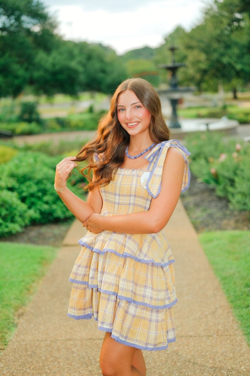 Yellow Plaid Shoulder Tie Ruffle Dress
