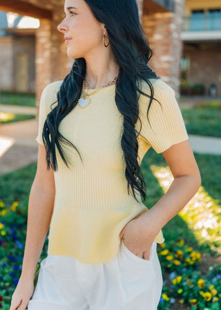 Yellow Ribbed Short Sleeve Peplum Top - Select Trends Boutique