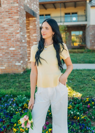 Yellow Ribbed Short Sleeve Peplum Top - Select Trends Boutique