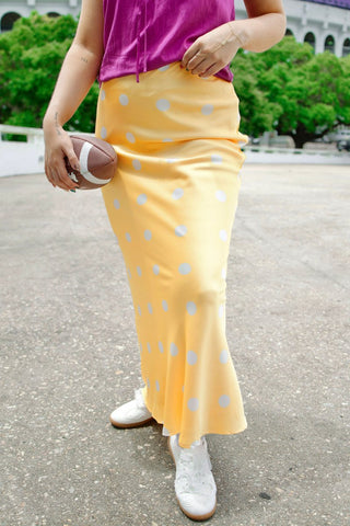 Yellow Satin Polka Dot Maxi Skirt | Select Trends Boutique