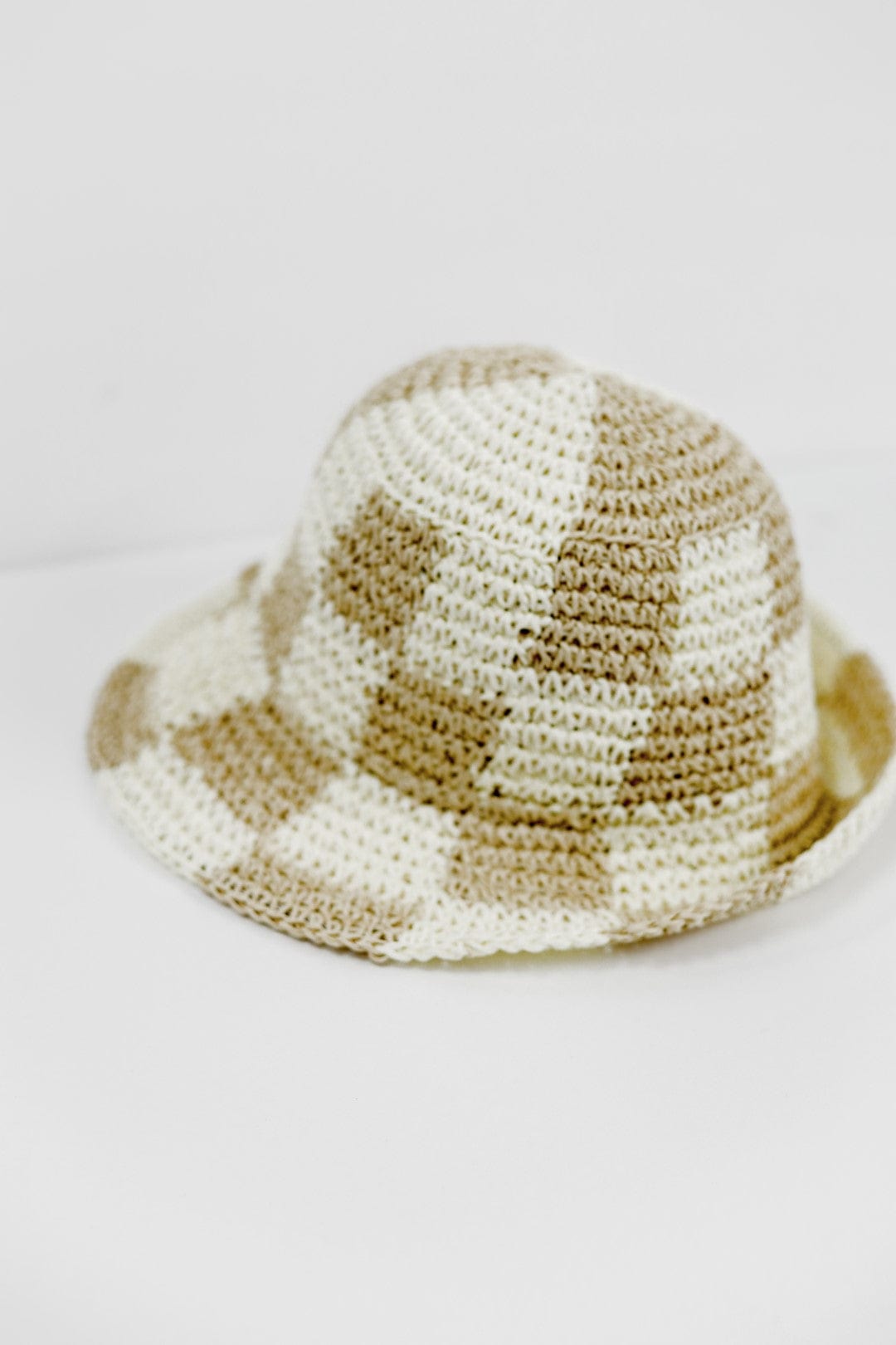 Tan Checkered Straw Bucket Hat