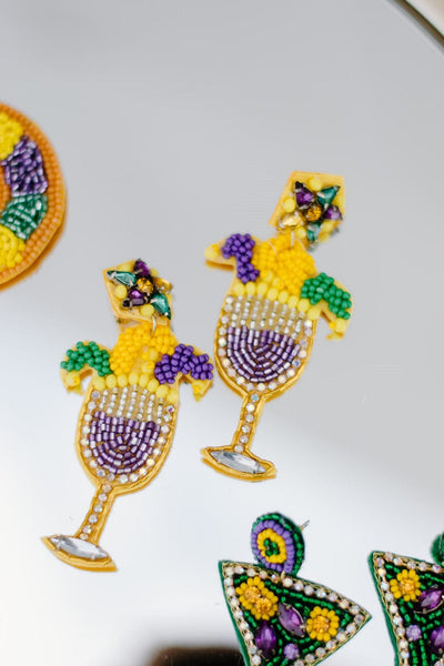Beaded Mardi Gras Wine Glass Earrings