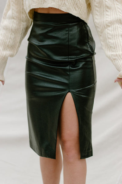 Black Leather Midi Pencil Skirt