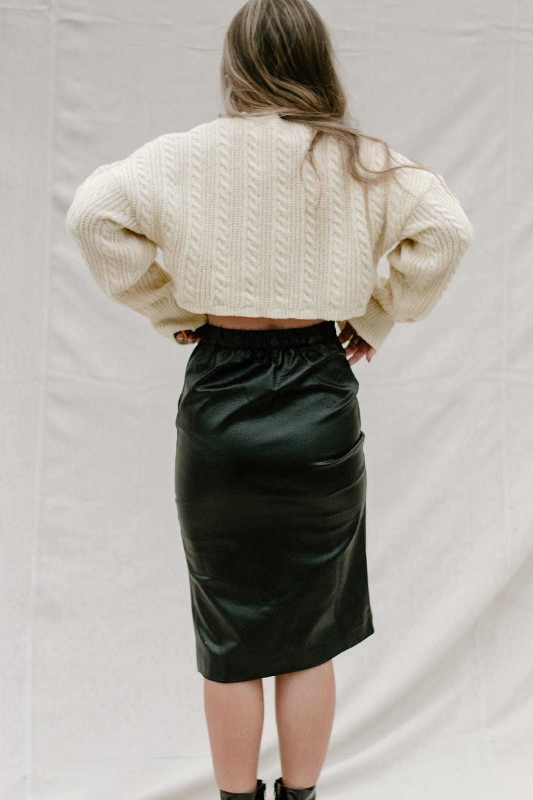 Black Leather Midi Pencil Skirt