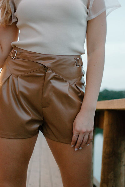 Cognac Buckled Leather Shorts