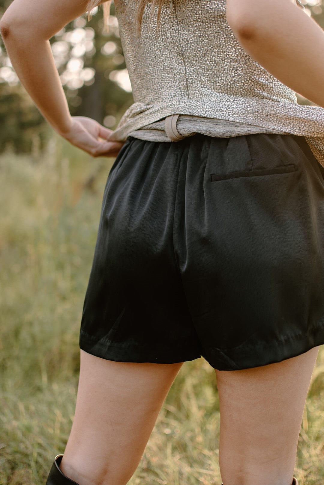 Black Pleated Satin Shorts
