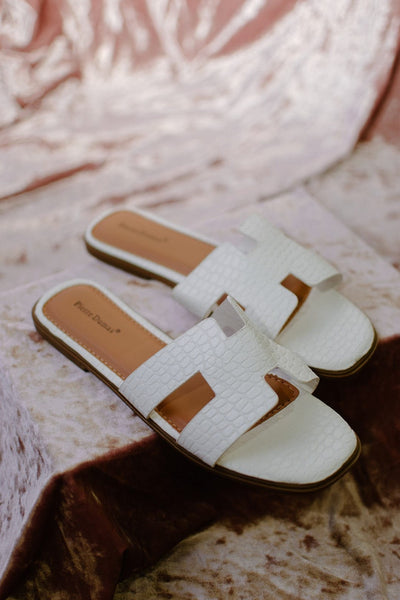 White Croc Slip On Sandals