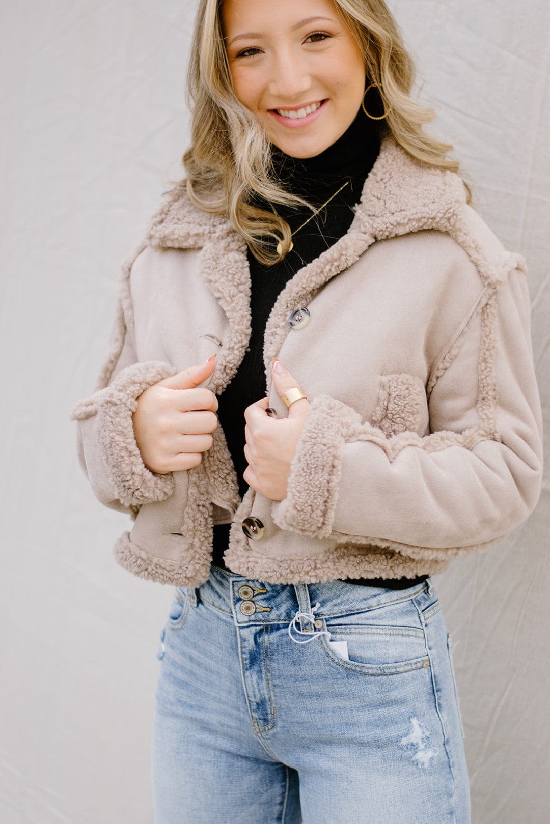 Taupe Shearling Button Jacket
