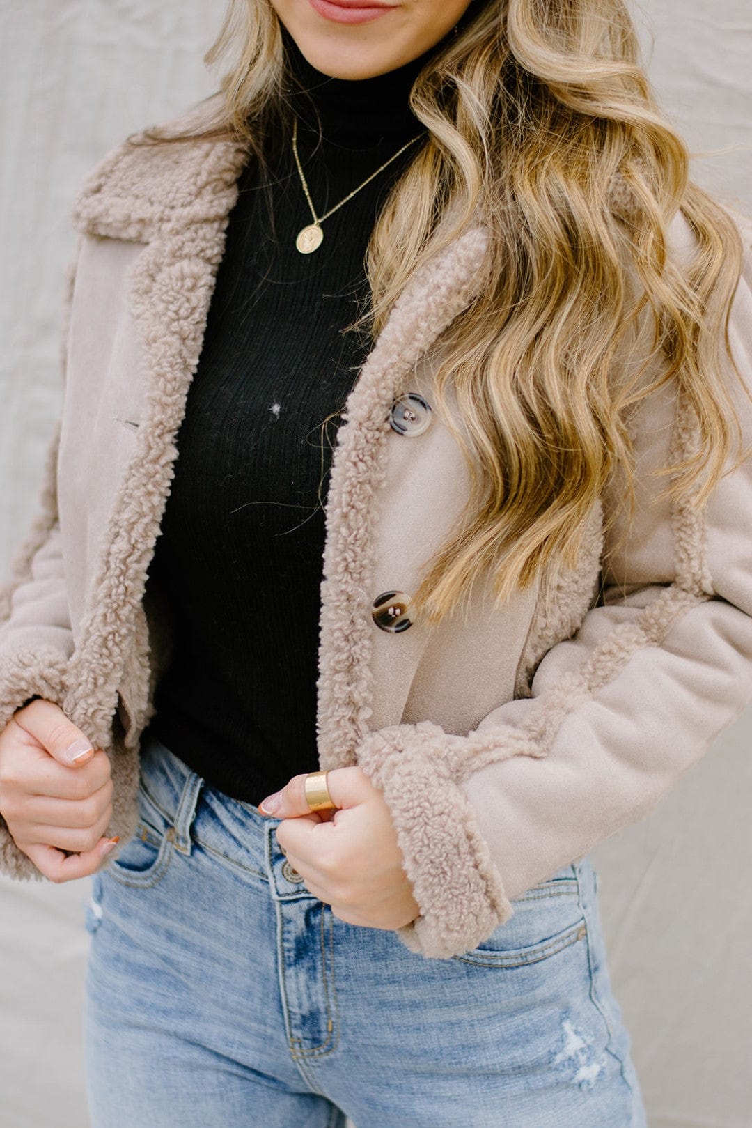 Taupe Shearling Button Jacket