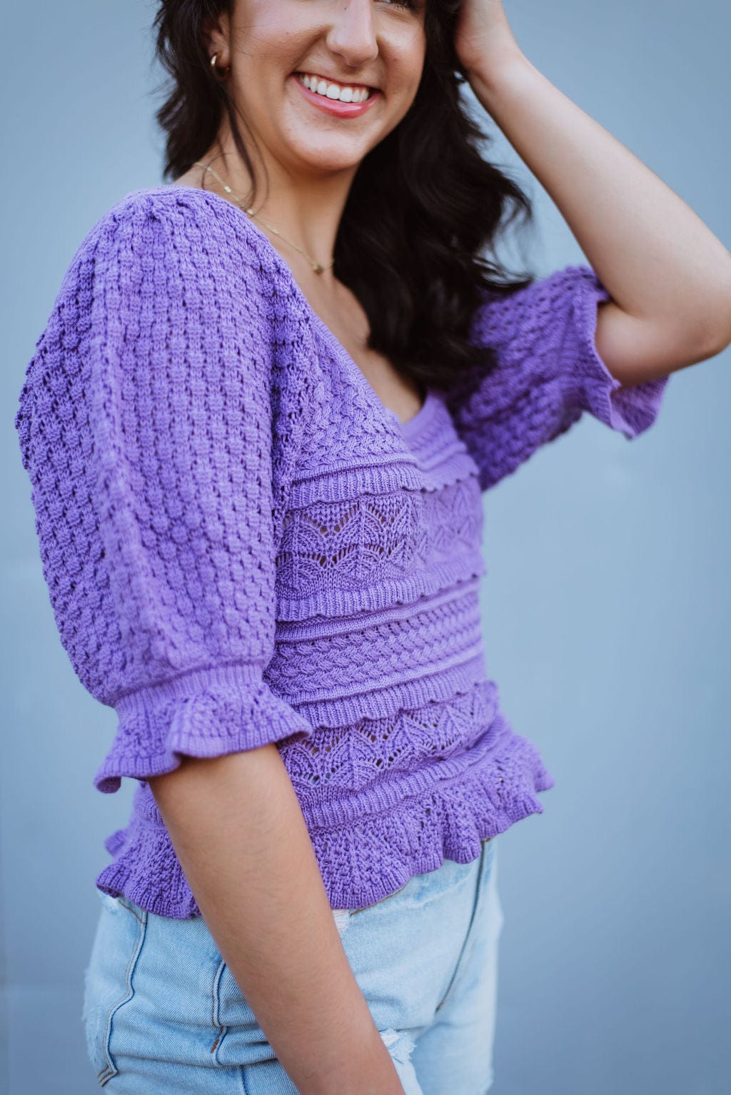 Purple Crochet Puff Sleeve Top