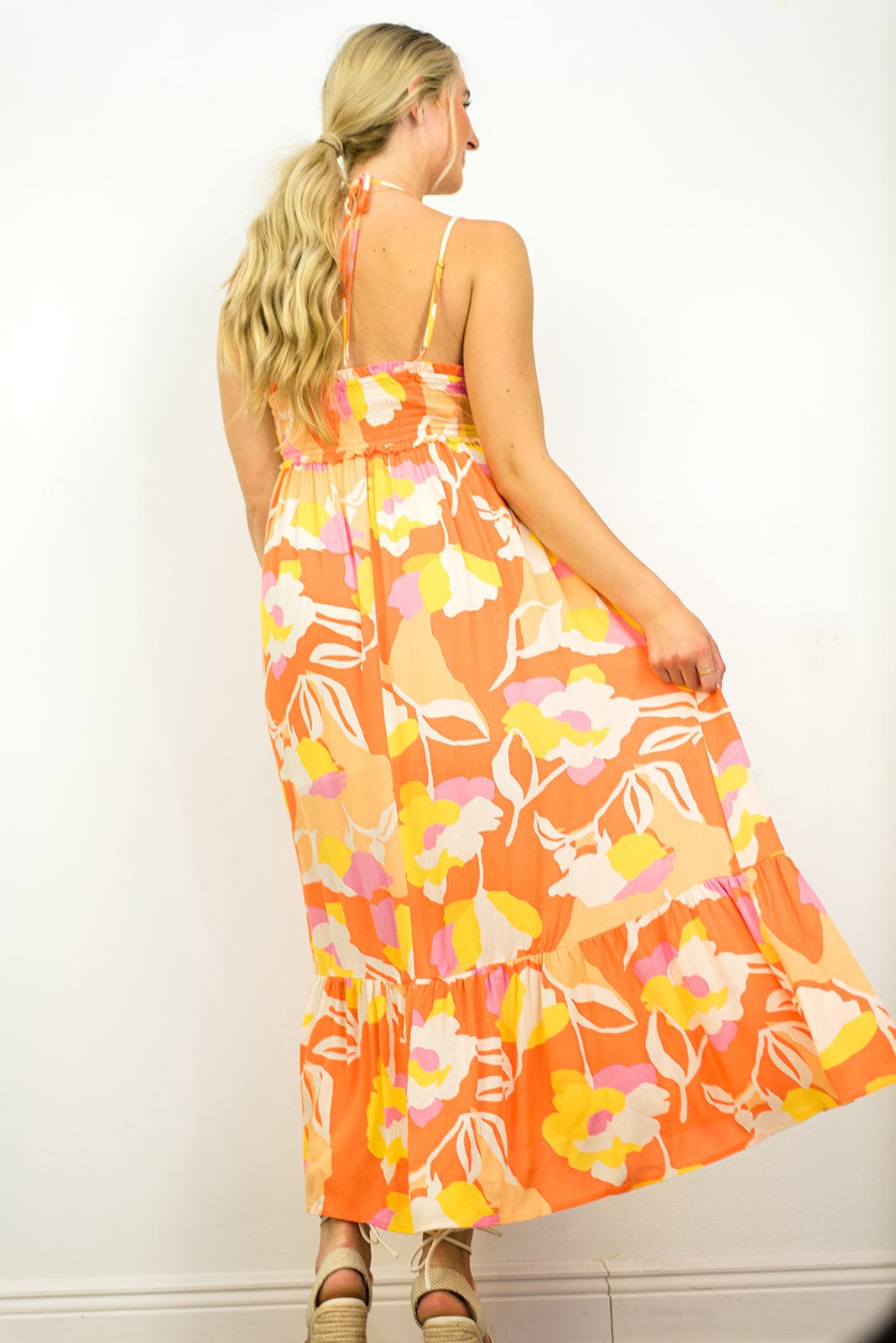 Orange Floral Halter Maxi Dress