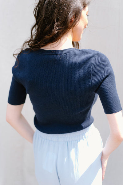 Navy Square Neck Short Sleeve Top