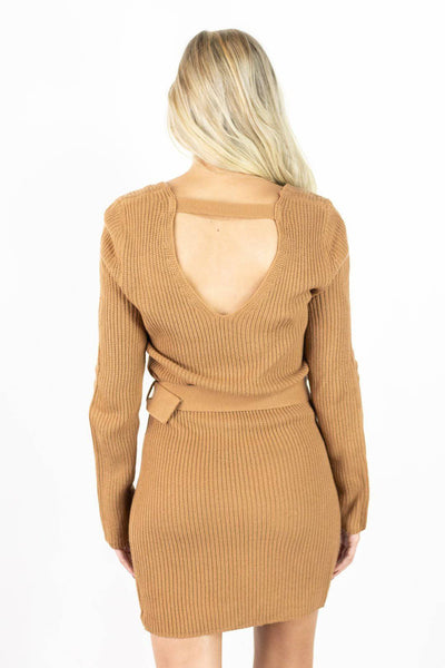 Body-con V Neck Dress with Open Back -  Tan - Select Trends Boutique