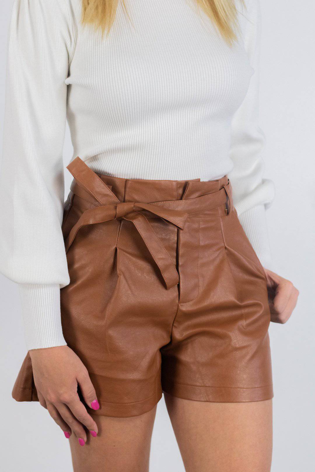 Camel Faux Leather Paperbag Waist Shorts - Select Trends Boutique