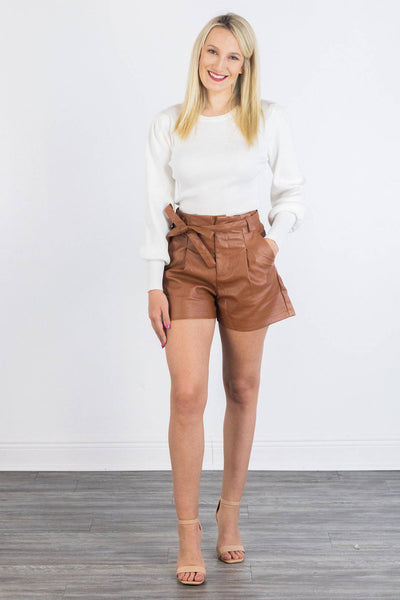 Camel Faux Leather Paperbag Waist Shorts - Select Trends Boutique