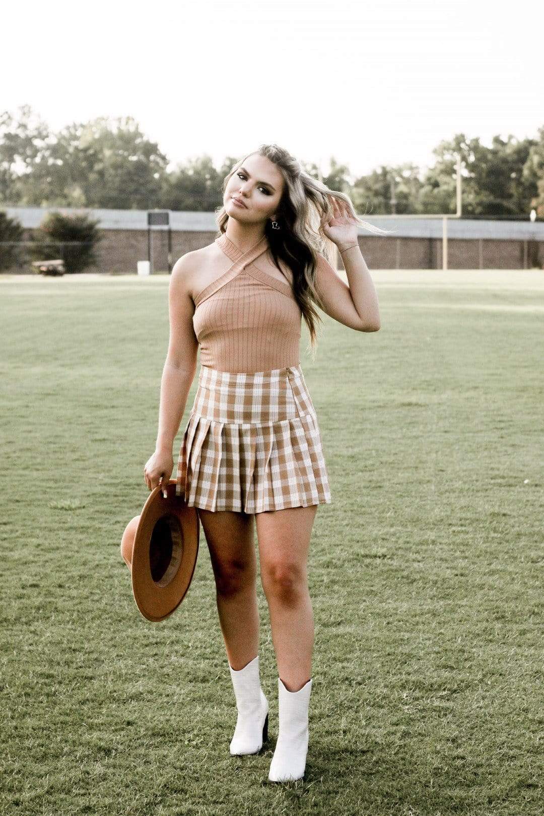 Camel Plaid Pleated Skirt - Select Trends Boutique