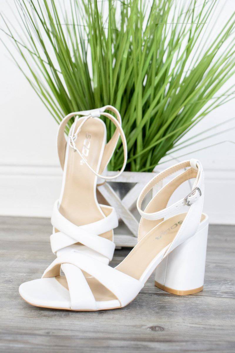 Chunky White X-Strap Heels - Select Trends Boutique