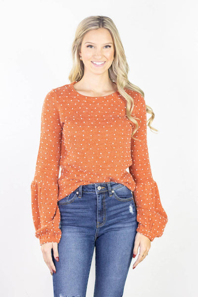 Cognac Balloon Sleeve Pom Pom Sweater - Select Trends Boutique