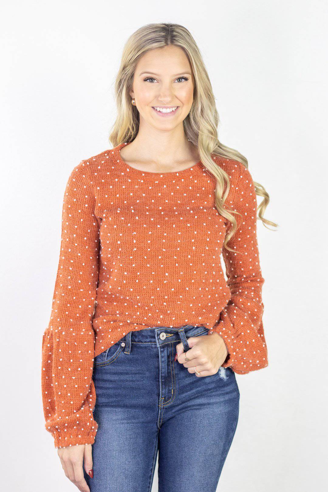 Cognac Balloon Sleeve Pom Pom Sweater - Select Trends Boutique
