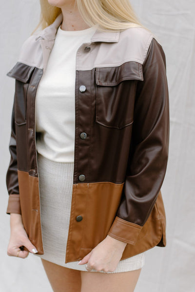 Brown Leather Colorblock Shacket