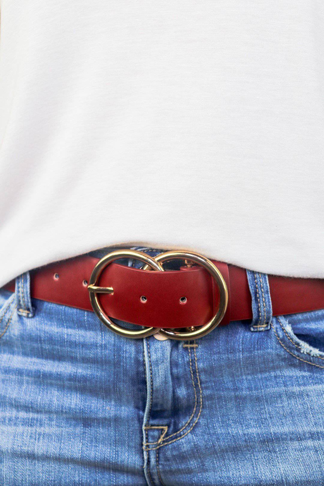 Large OO Ring Burgundy Belt with Gold Circle Belt Buckle - Select Trends Boutique