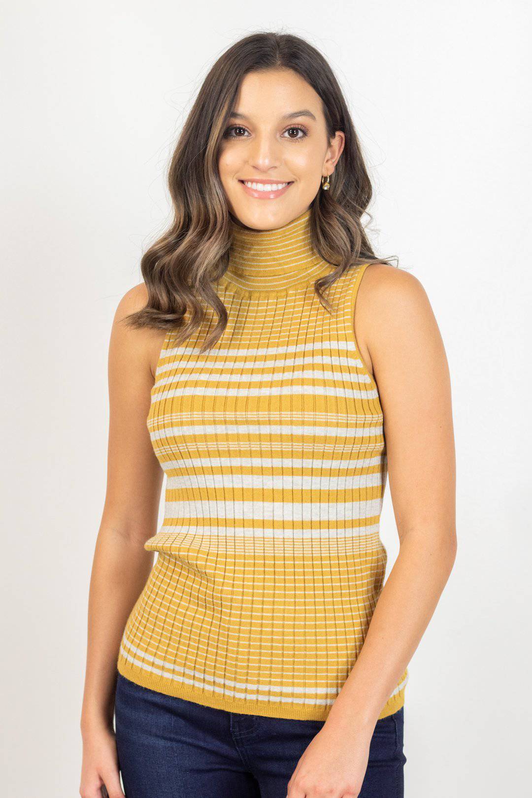 Mustard/Grey Stripped Turtle Neck Tank Sweater - Select Trends Boutique