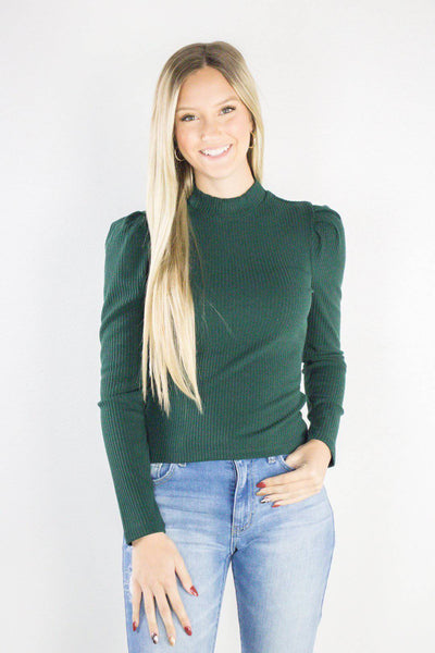 Olive Puff Sleeve Mock Neck Ribbed Top - Select Trends Boutique
