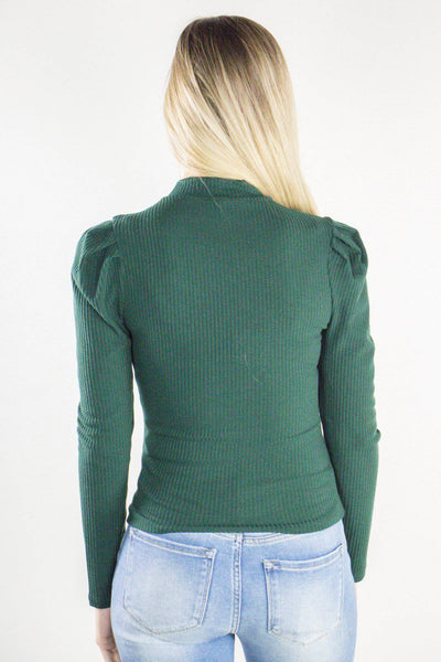 Olive Puff Sleeve Mock Neck Ribbed Top - Select Trends Boutique