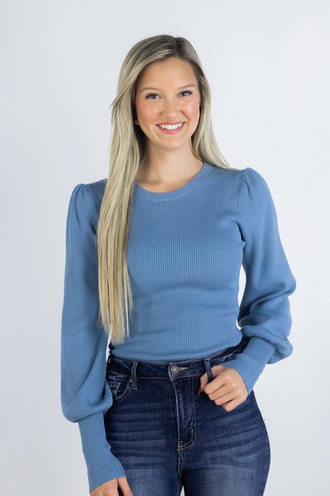 Ribbed Blue Balloon Sleeve Top - Select Trends Boutique