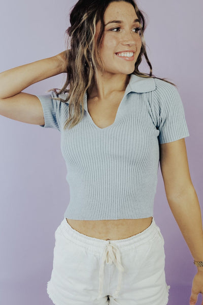 Sky Blue Overboard Collared Top - Select Trends Boutique