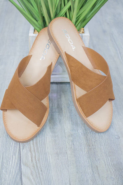 Tan Slide On Criss Cross Sandals - Cognac - Select Trends Boutique